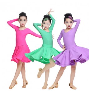 Orange purple violet mint fuchsia hot pink long sleeves round neck girls kids children stage performance professional competition latin ballroom dance skirts dress